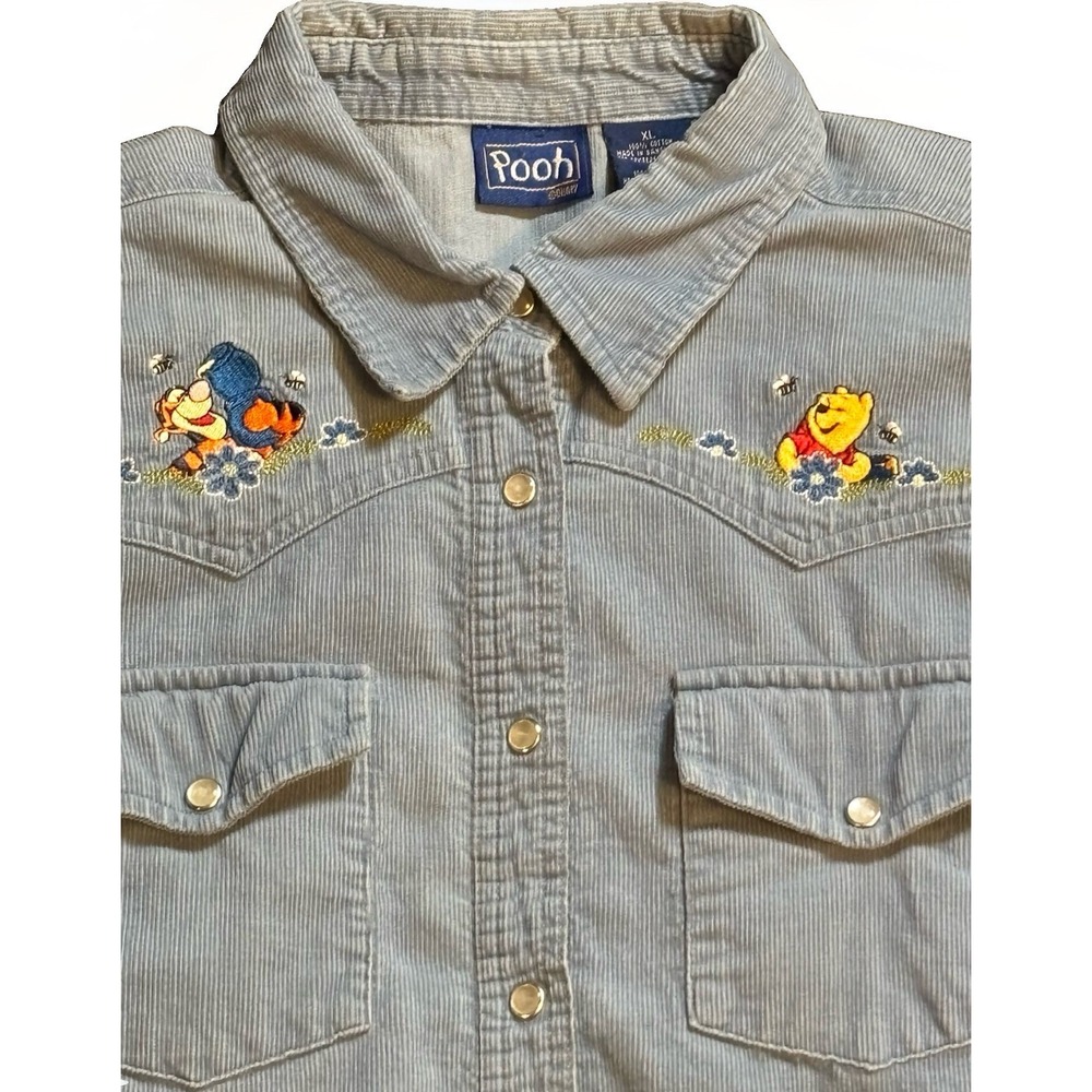 Vintage 90s Winnie the Pooh Embroidered Blue Corduroy Button-up Shirt Size XL